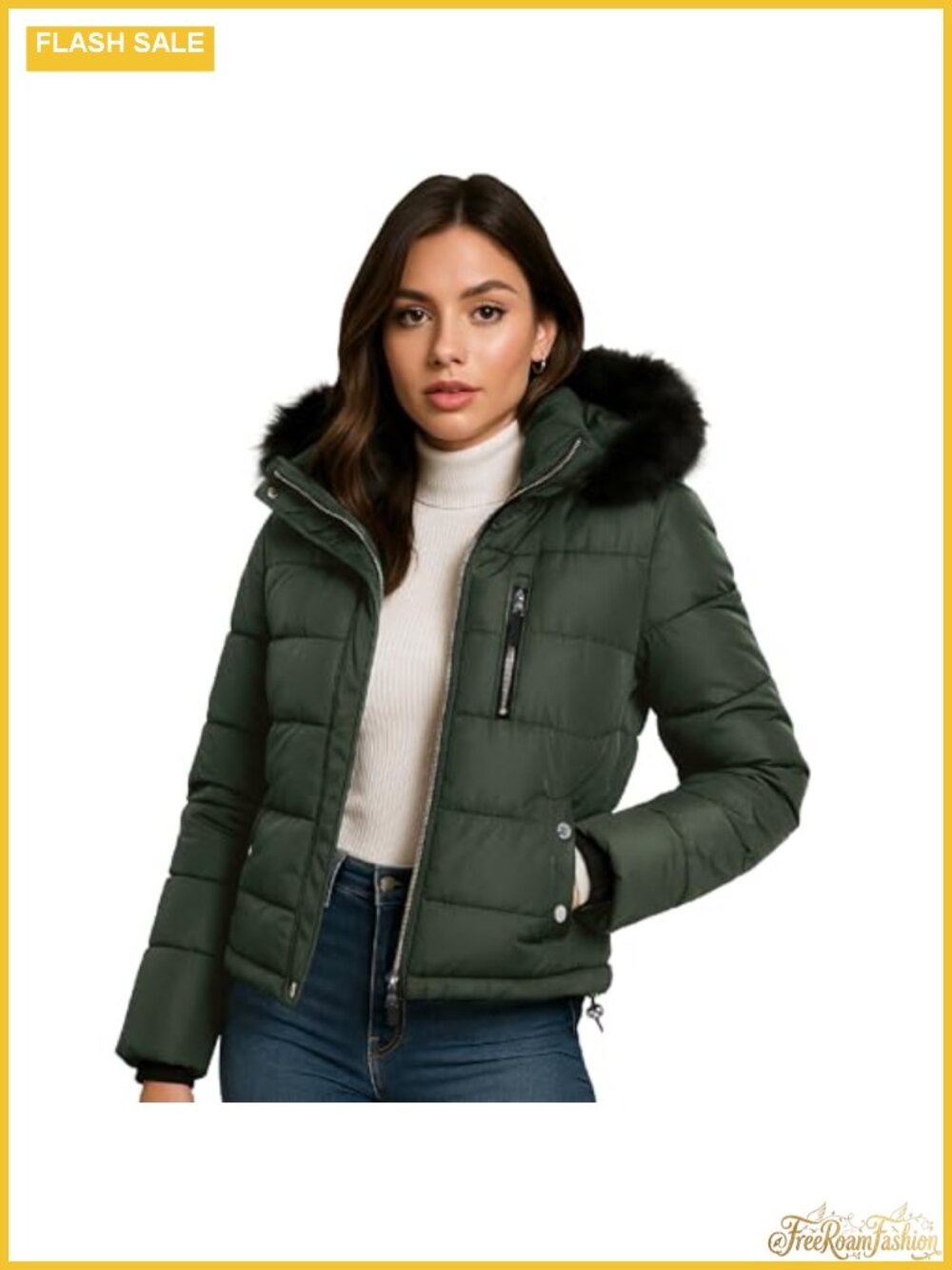 Womens Cropped Puffer Jacket Faux Fur Hood Quilted Insulated Winter Coat
